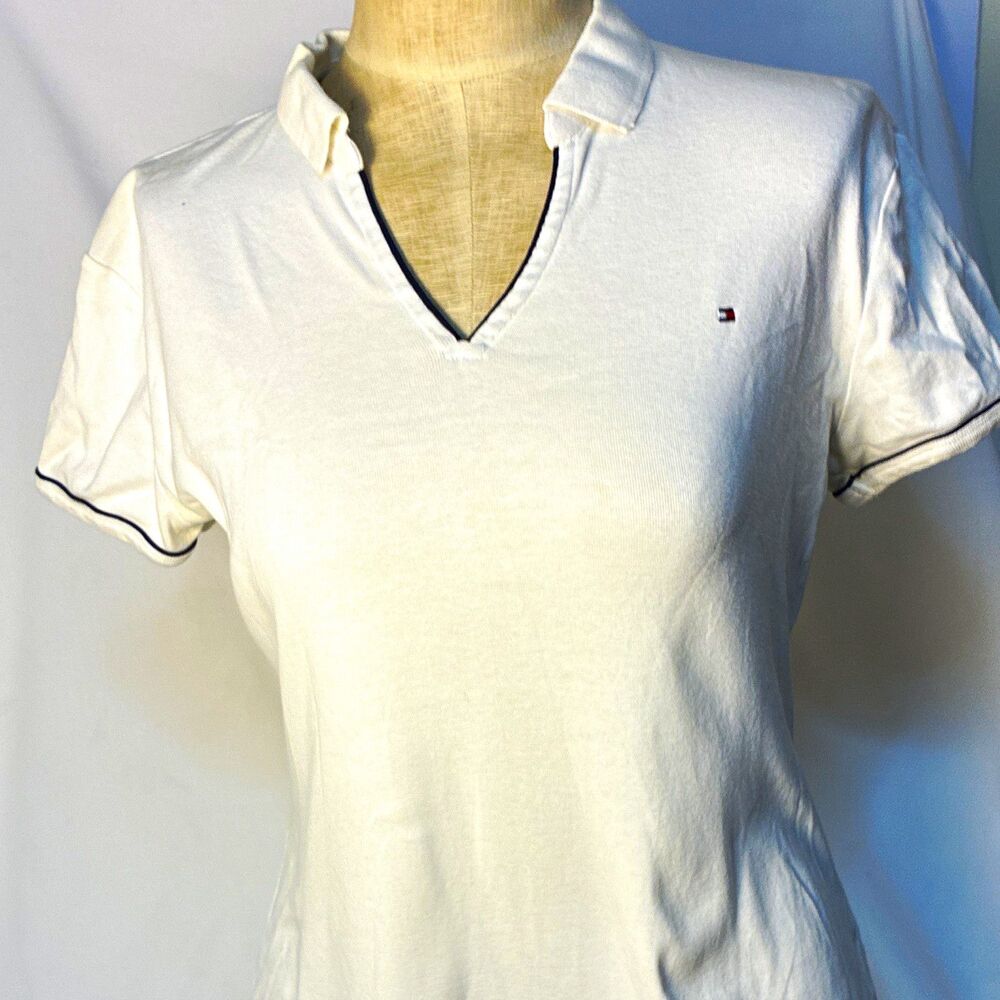 Tommy Hilfiger Women’s White Solid Polo Short Sleeve Collared Logo Stretch Sm